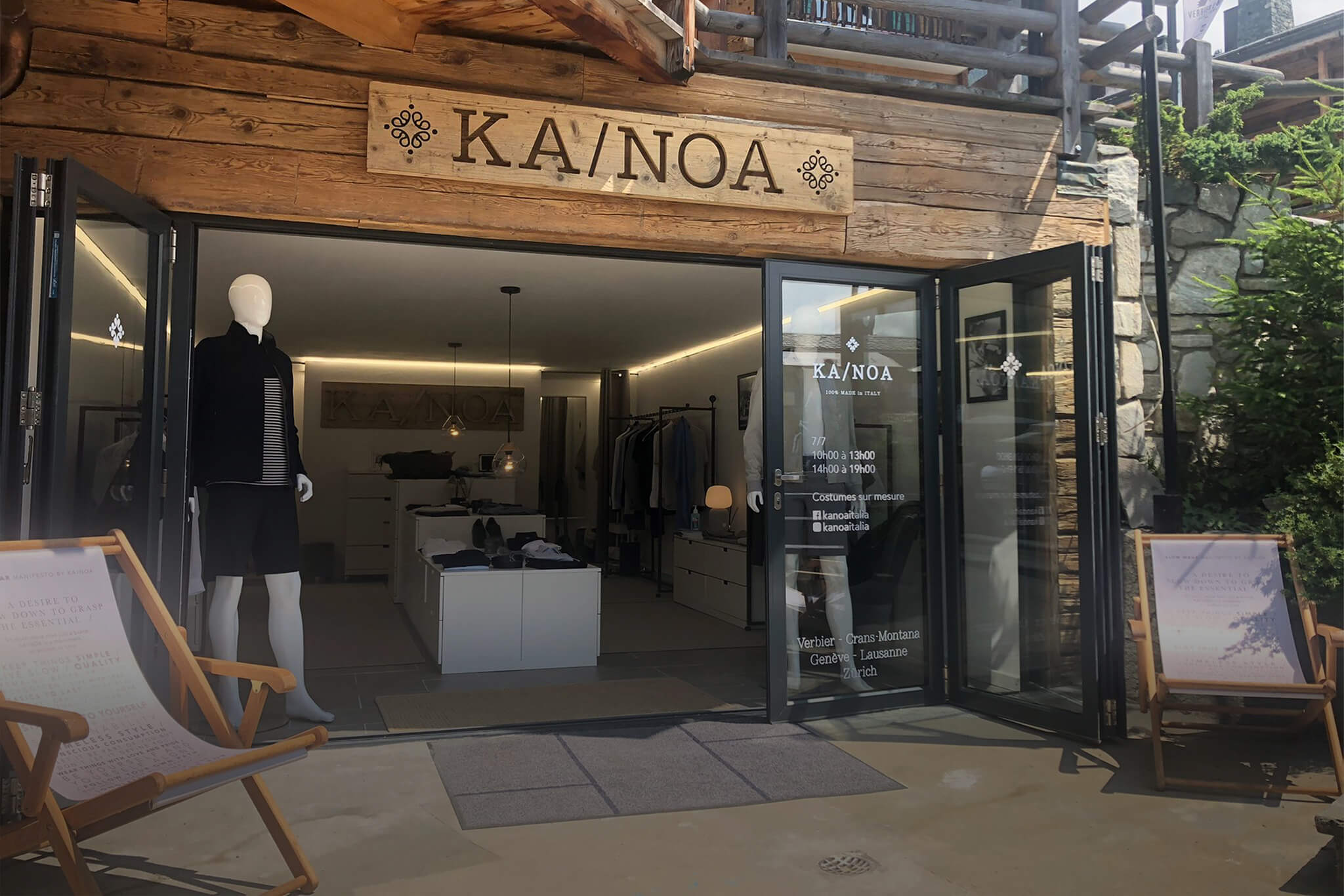 Storefront of the KA/NOA menswear boutique in Verbier