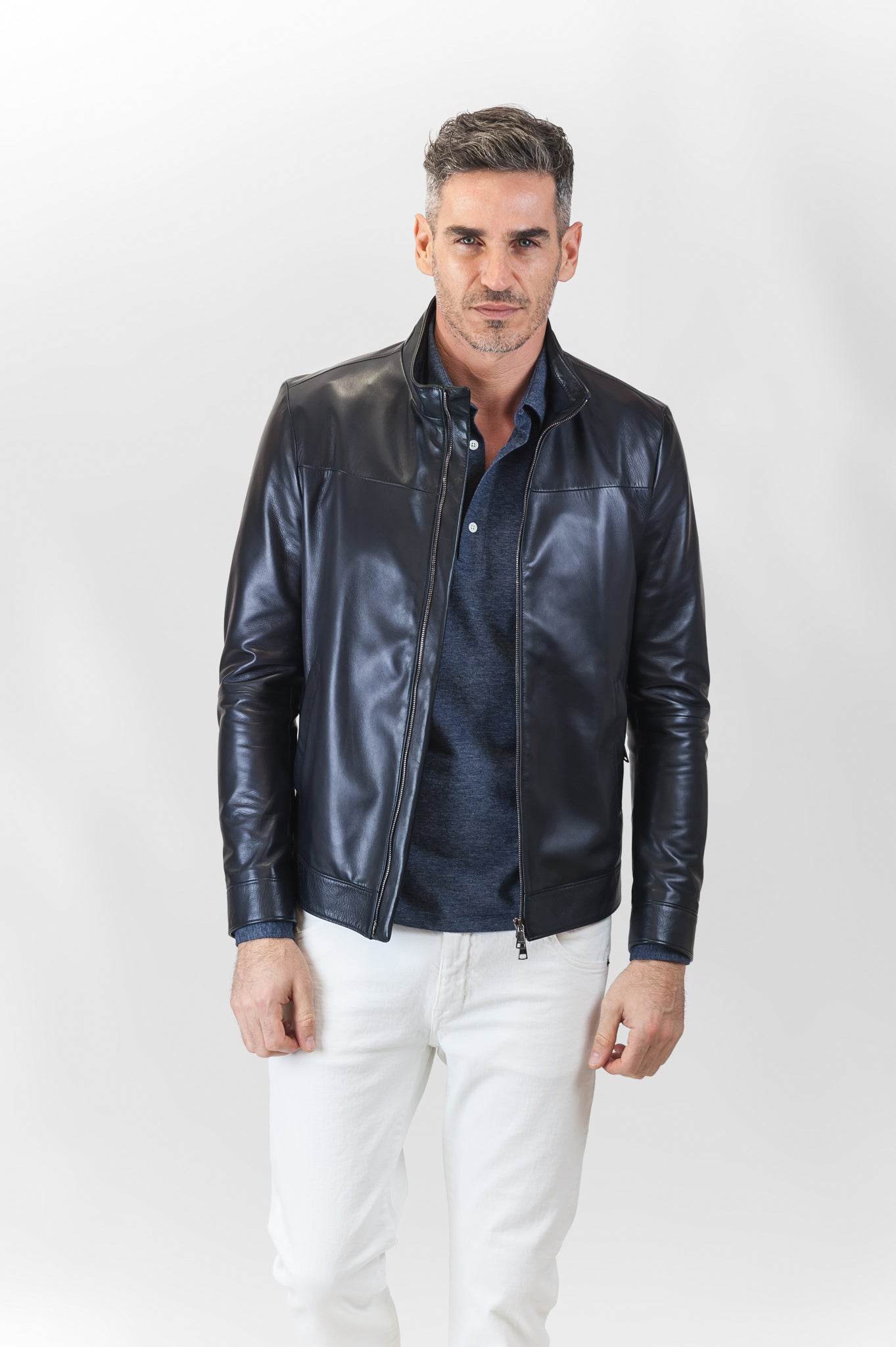 Leon leather bomber jacket (dark blue)