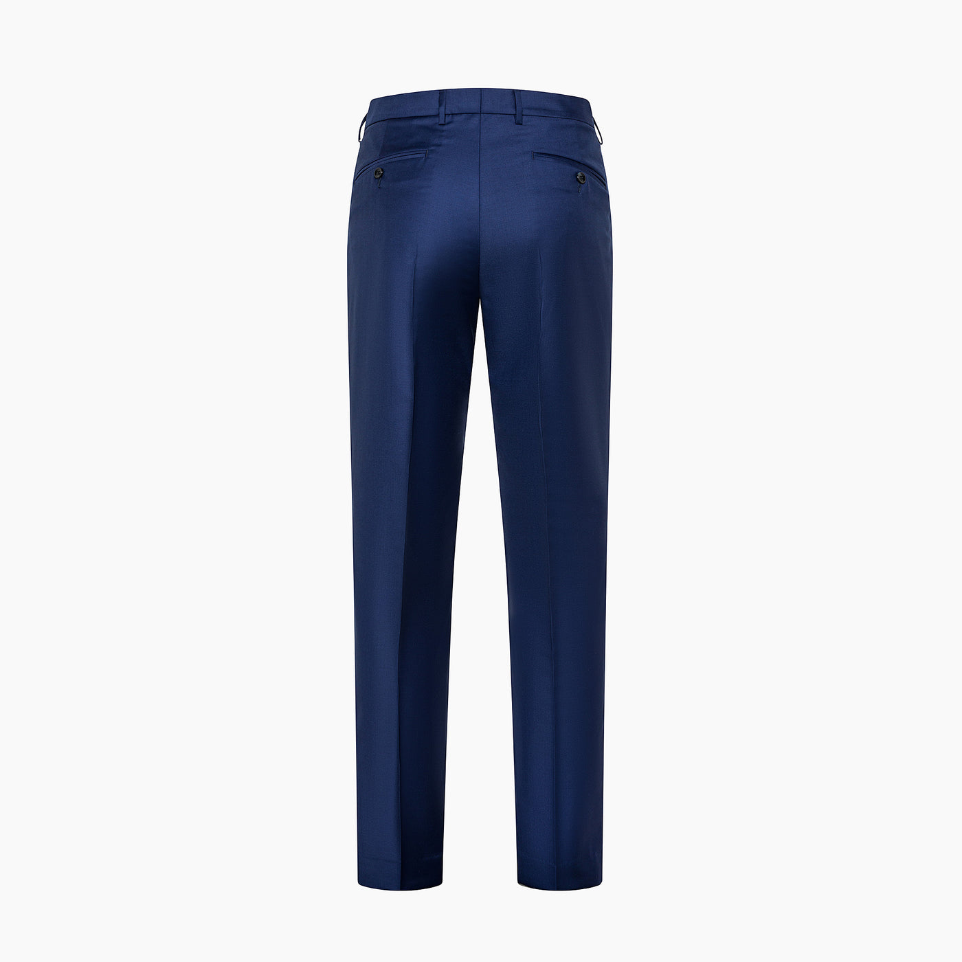 Back view of stylish navy blue trousers with a tailored fit, featuring dual back pockets and a smooth finish, perfect for formal or business casual outfits.
