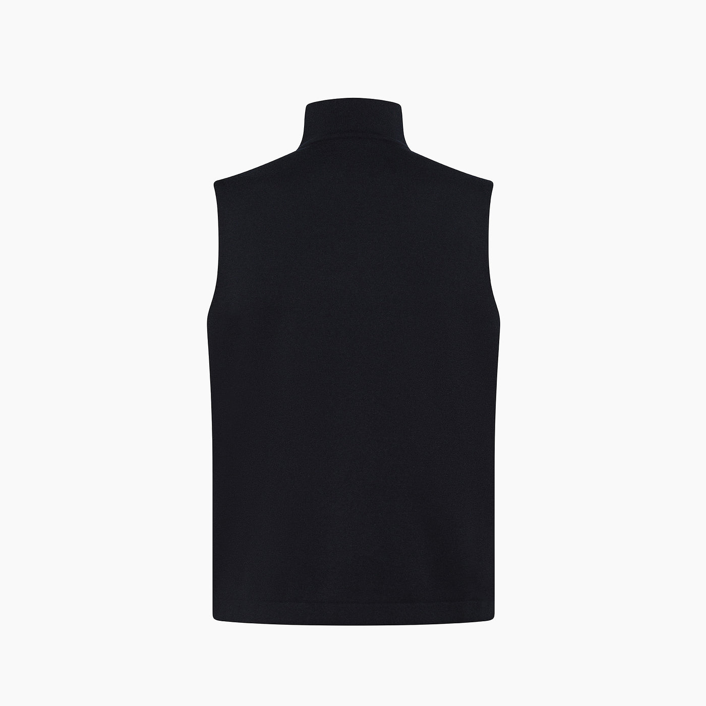 Back of the stylish black sleeveless turtleneck Tiago hybrid vest in silk and woolp, featuring a high collar and a minimalist design, perfect for layering in any season.
