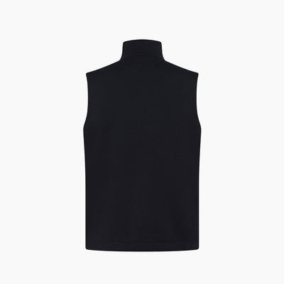 Back of the stylish black sleeveless turtleneck Tiago hybrid vest in silk and woolp, featuring a high collar and a minimalist design, perfect for layering in any season.