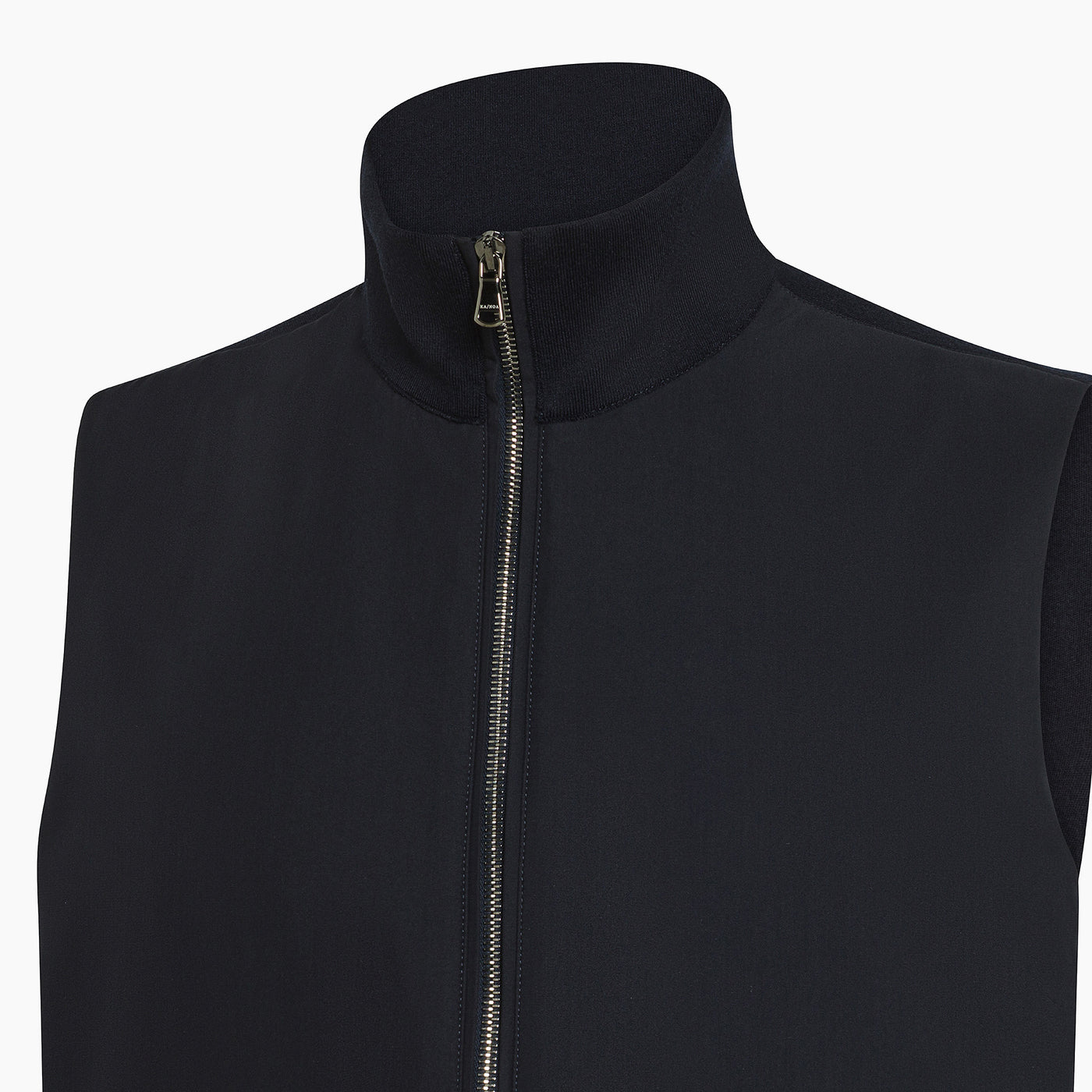 Black sleeveless vest featuring a high collar and a front zipper, designed for both style and functionality.