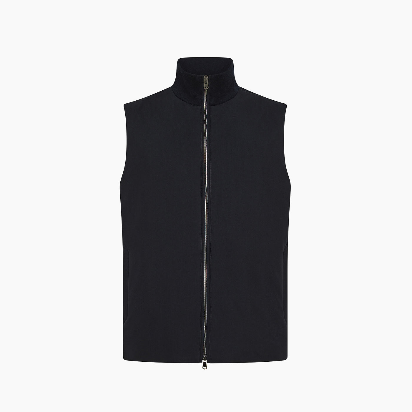 Black sleeveless vest with a high collar and full zipper, designed for layering and versatile fashion.