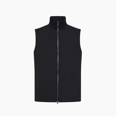 Black sleeveless vest with a high collar and full zipper, designed for layering and versatile fashion.