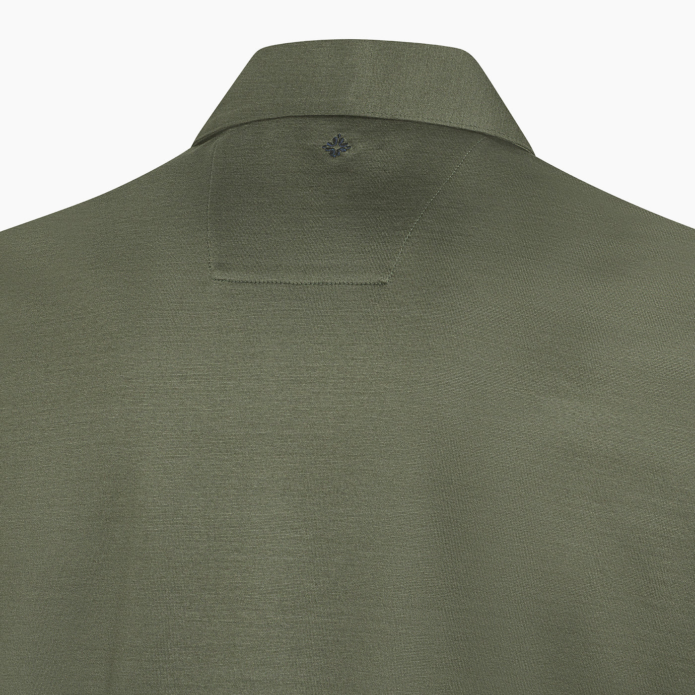 Back view of a stylish olive green shirt showcasing a classic collar and subtle detailing at the neckline, designed for a modern and sophisticated look.