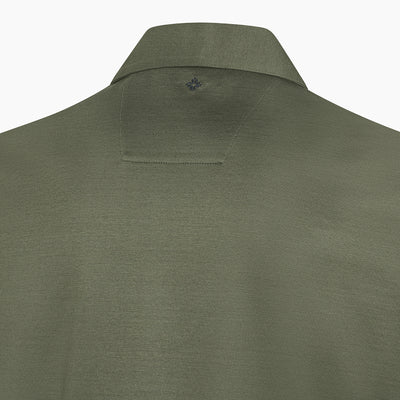 Back view of a stylish olive green shirt showcasing a classic collar and subtle detailing at the neckline, designed for a modern and sophisticated look.
