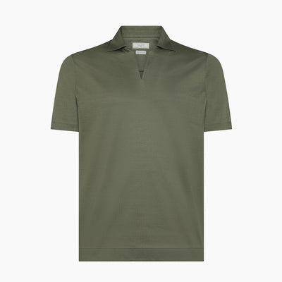 Olive green short-sleeve polo shirt for men in mercerized Filo di Scozia cotton piqué fabric with a V-neck design, featuring a classic collar and minimalistic style, ideal for casual or smart-casual outfits.