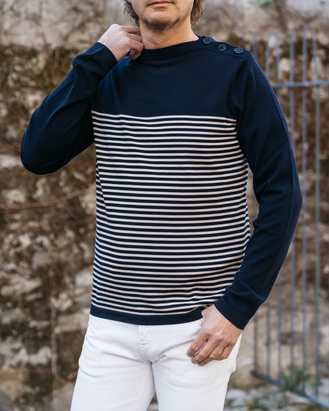 Michael long sleeved jumper with navy-style neckline (dark blue and stripe)